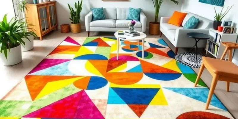 Charming rental living room showcasing various personalized DIY rugs.