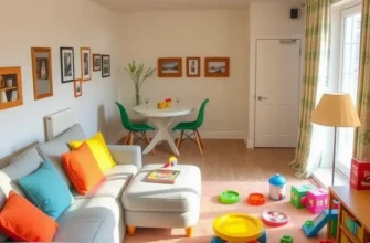A cozy living room with stylish decor, including a modern sofa, colorful accents, and a well-organized layout.