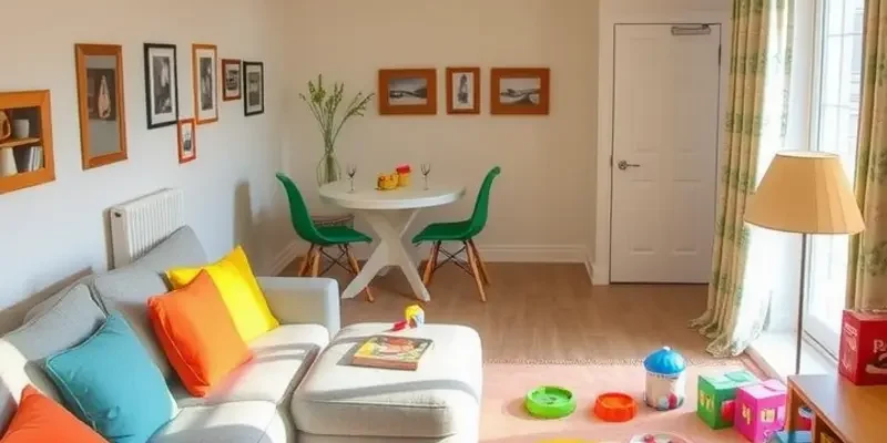 A cozy living room with stylish decor, including a modern sofa, colorful accents, and a well-organized layout.