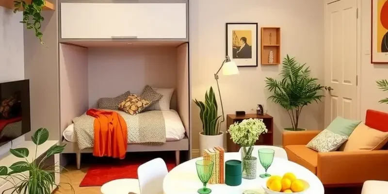 A stylishly decorated apartment with an assortment of multi-functional furniture, emphasizing a welcoming and organized living space.