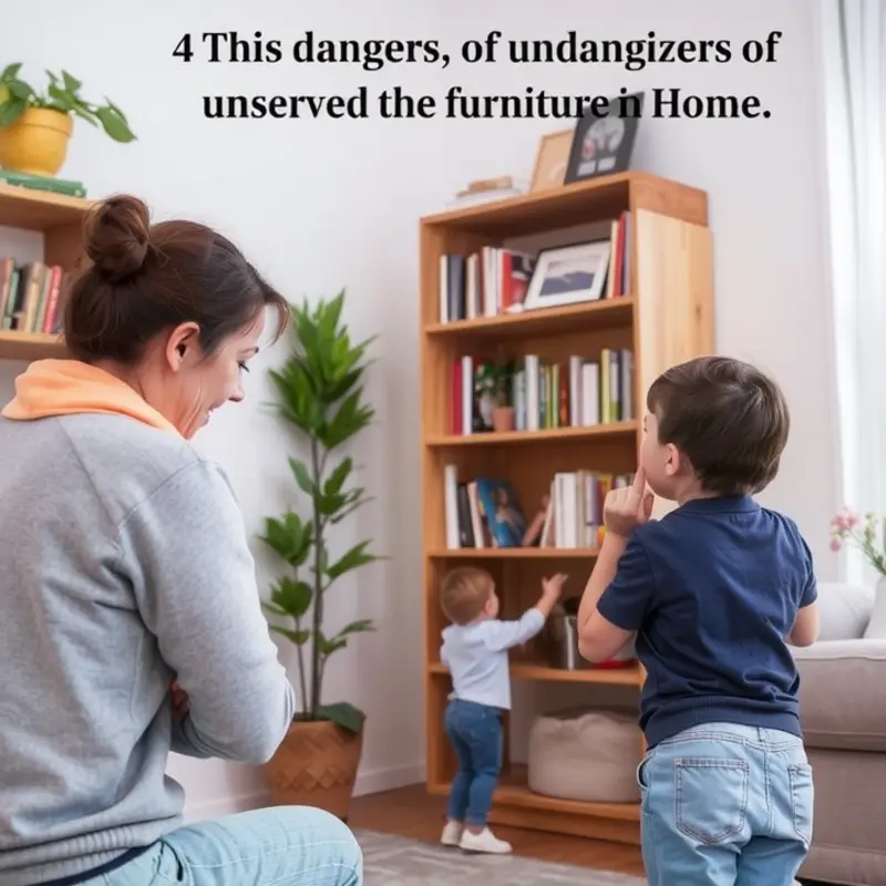 A parent observing their child near an unanchored bookshelf.
