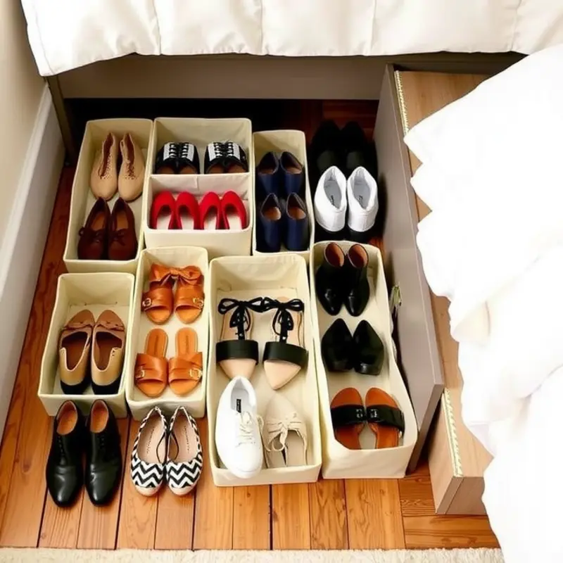 Stylish under-bed storage for shoes, making use of space without sacrificing aesthetics.