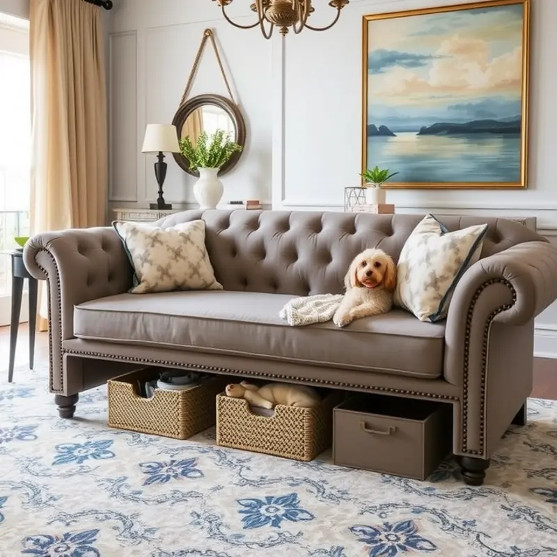 A well-organized vertical storage solution for pet supplies in a cozy apartment.