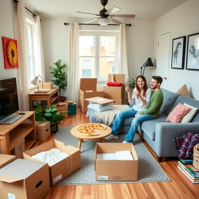 An organized moving space with labeled boxes and packing materials.