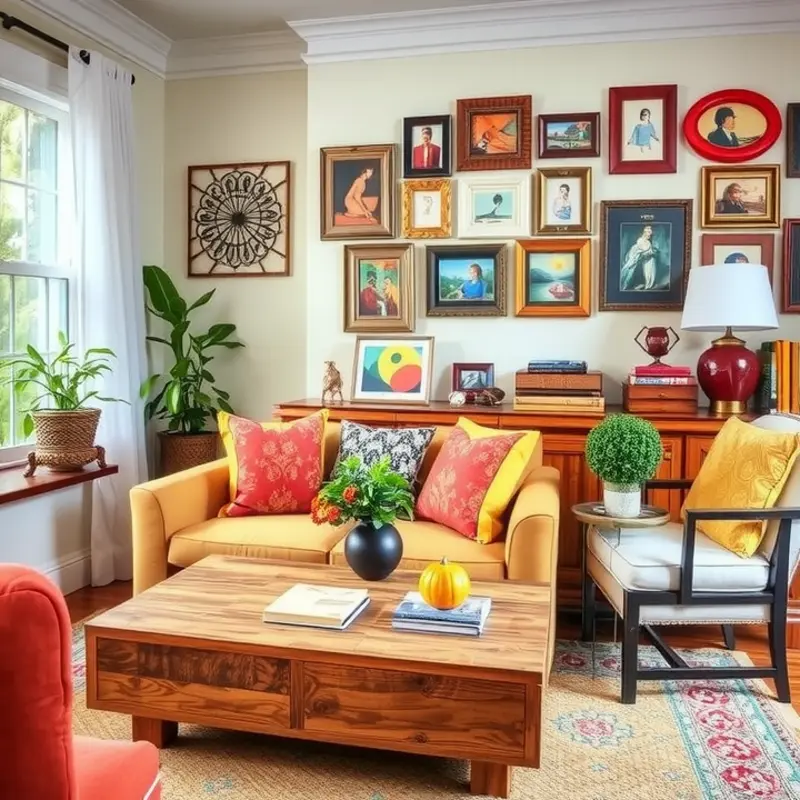 A creatively decorated living room showcasing upcycled decor projects.