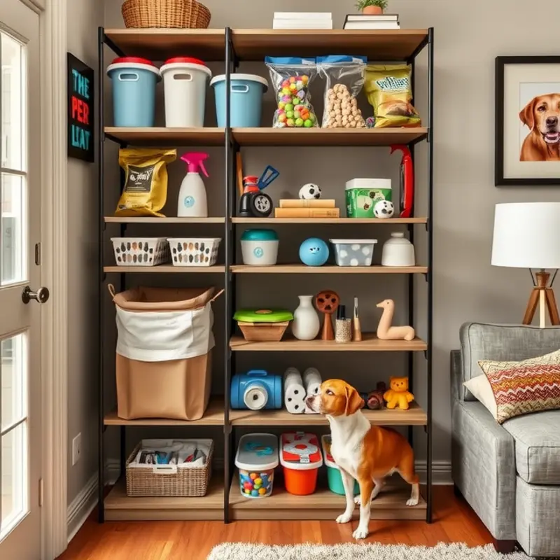 A well-organized vertical storage solution for pet supplies in a cozy apartment.
