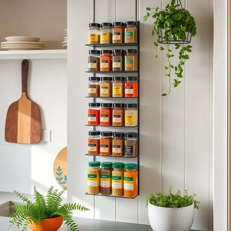 A chic vertical spice rack enhancing kitchen style and organization.