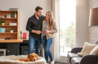 A lively apartment living room adorned with decorative pet-friendly accessories and happy pets.