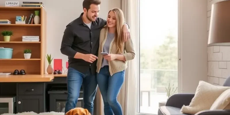 A lively apartment living room adorned with decorative pet-friendly accessories and happy pets.