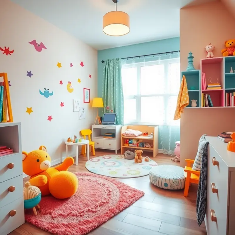 A colorful kids’ room with playful decor and functional furniture.