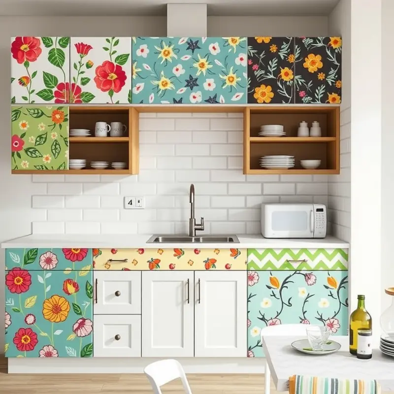 A vibrant kitchen showcasing creative removable cabinet covers.