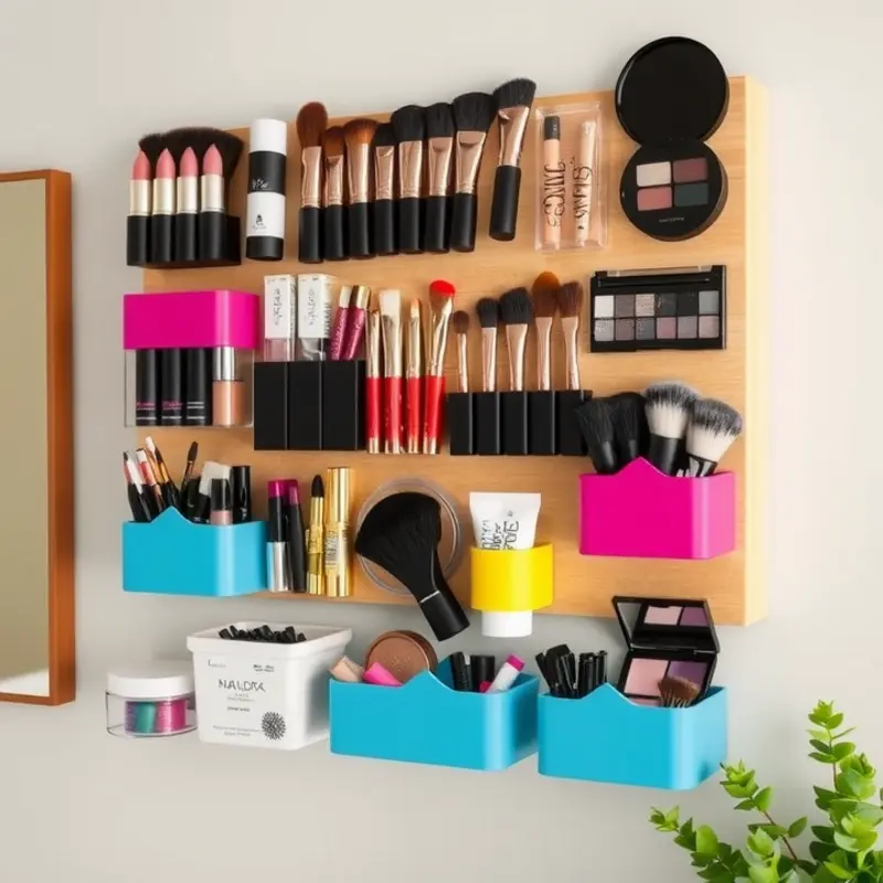A creative wall-mounted storage solution using a pegboard.