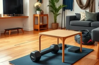 A home workout space filled with light, featuring a yoga mat and weights, creating an inviting atmosphere.