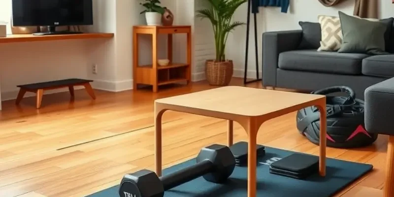 A home workout space filled with light, featuring a yoga mat and weights, creating an inviting atmosphere.