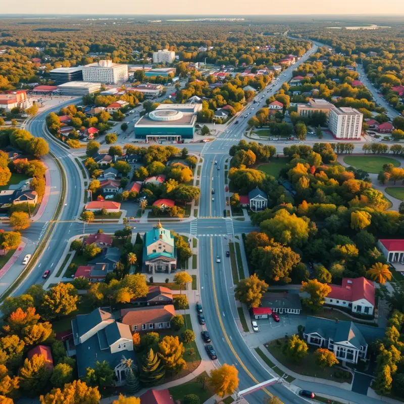 Aerial view of Gainesville, showcasing its diverse neighborhoods and scenic beauty.