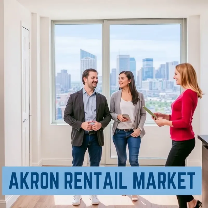 Couple exploring apartment options with a rental agent against the backdrop of Akron’s skyline.