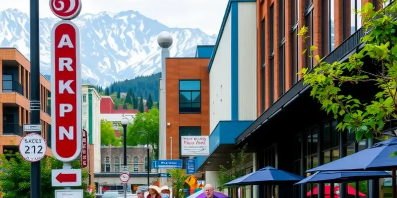 A scenic view over Anchorage featuring mountains and city life.
