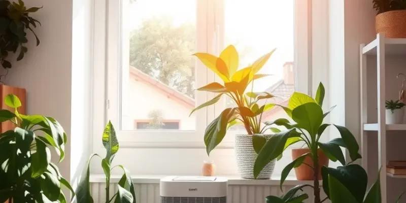 A bright and peaceful apartment with an air purifier, showing a healthy living space.