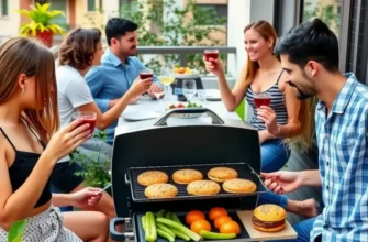 An apartment balcony with an electric grill, decorated with plants and prepared food for an indoor barbecue.