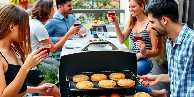 An apartment balcony with an electric grill, decorated with plants and prepared food for an indoor barbecue.