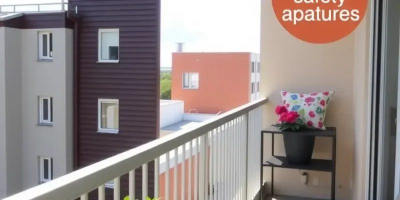 A serene sunset from an apartment balcony featuring comfortable seating and decorative lights.