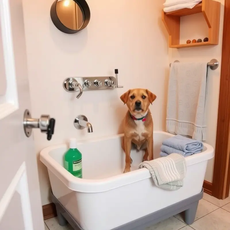 An inviting and practical pet bathing station set up in an apartment.