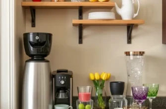 A stylish beverage station in an apartment displaying coffee, tea, and infused water options.
