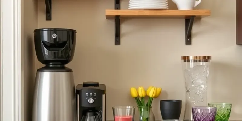 A stylish beverage station in an apartment displaying coffee, tea, and infused water options.