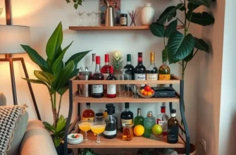 An elegant cocktail station set up in an apartment with a variety of drinks and mixing tools.