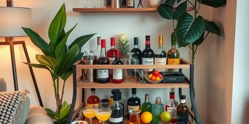 An elegant cocktail station set up in an apartment with a variety of drinks and mixing tools.
