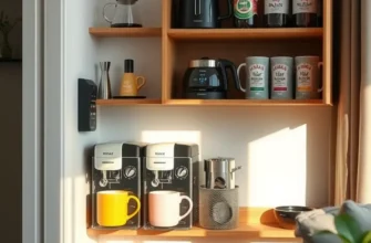 A well-arranged coffee station with various tools, jars, and mugs, showcasing a bright living room setting.