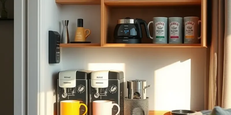 A well-arranged coffee station with various tools, jars, and mugs, showcasing a bright living room setting.