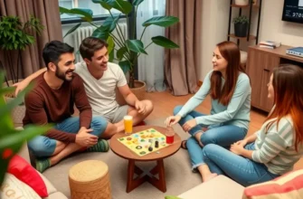 A lively gathering in an apartment with people enjoying games and snacks together.