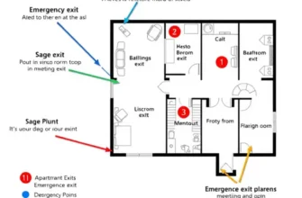 A peaceful image of an apartment complex highlighting safety features and emergency exits.