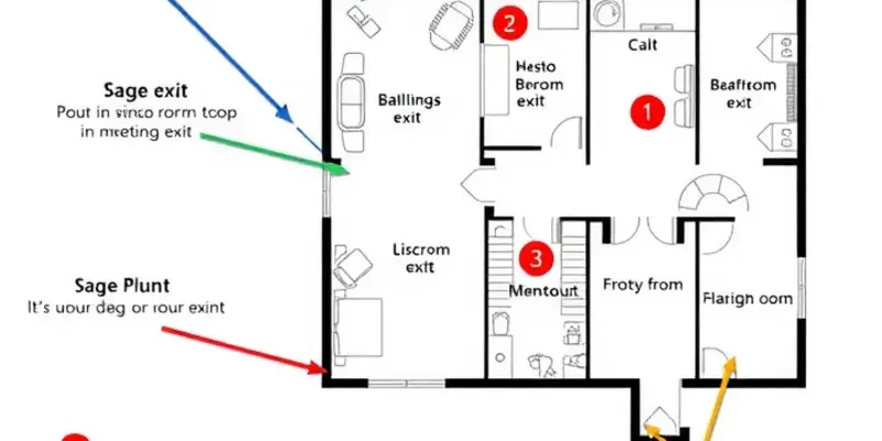 A peaceful image of an apartment complex highlighting safety features and emergency exits.