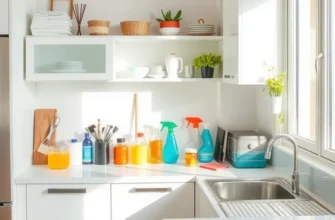 A cheerful apartment interior showcasing a clean space adorned with cleaning supplies and a cozy atmosphere.