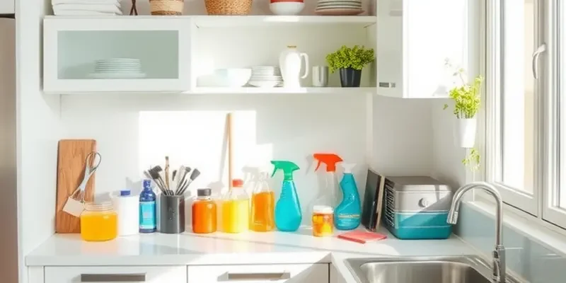 A cheerful apartment interior showcasing a clean space adorned with cleaning supplies and a cozy atmosphere.