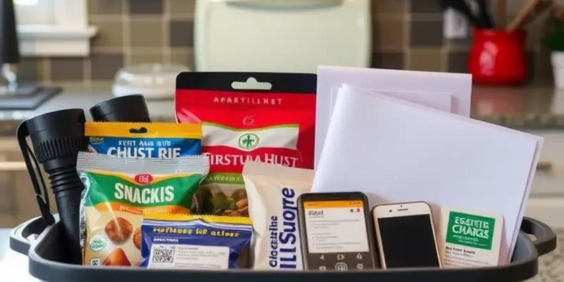 Cozy apartment with an emergency kit prominently displayed.