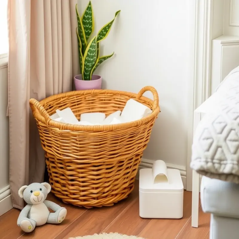 Creative diaper storage in a cozy apartment setting.