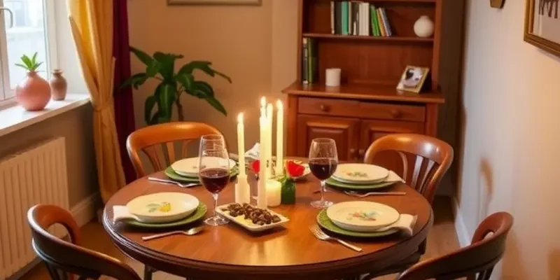 A cozy apartment dining area set with gourmet food and decorative elements for a dinner party.