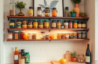 A colorful kitchen with various spice storage solutions, highlighting organization and creativity.
