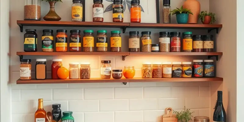 A colorful kitchen with various spice storage solutions, highlighting organization and creativity.