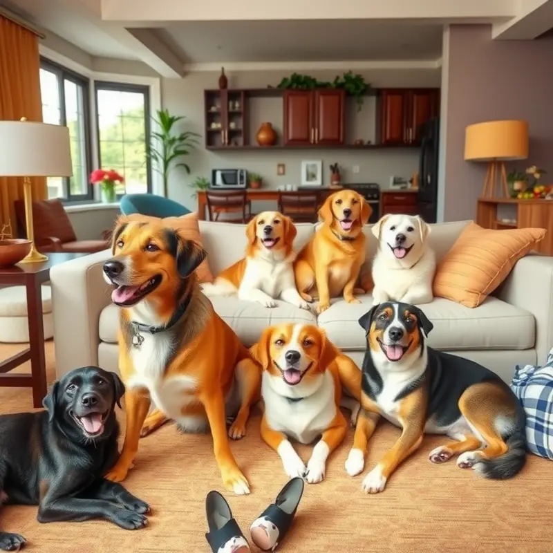 Various dog breeds enjoying a cozy apartment environment with a happy family.