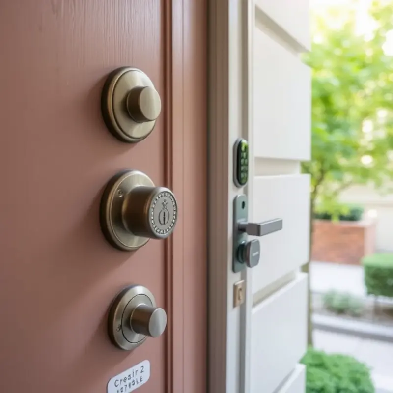 Enhanced apartment door security features including a deadbolt, a smart lock, and door viewer.