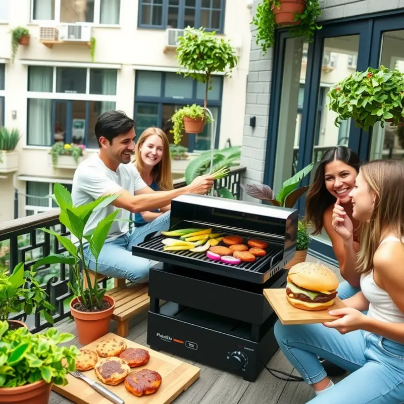 A vibrant urban balcony featuring a compact electric grill perfect for apartment grilling.