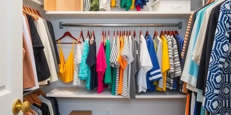 An illustrated depiction of a stylish closet with various storage solutions for an apartment-friendly environment.