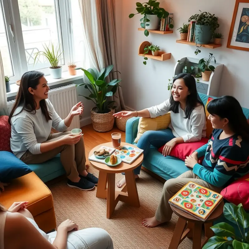 An inviting game night scene in an apartment with friends having fun.