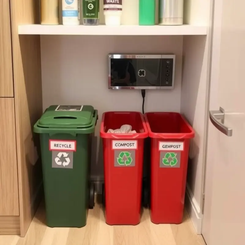 Organized garbage disposal area in an apartment for efficient waste management.