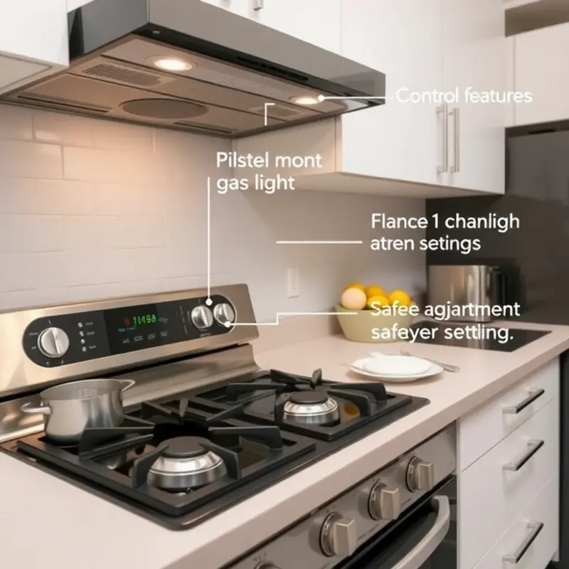 Key safety features of a modern gas stove highlighted for clarity.
