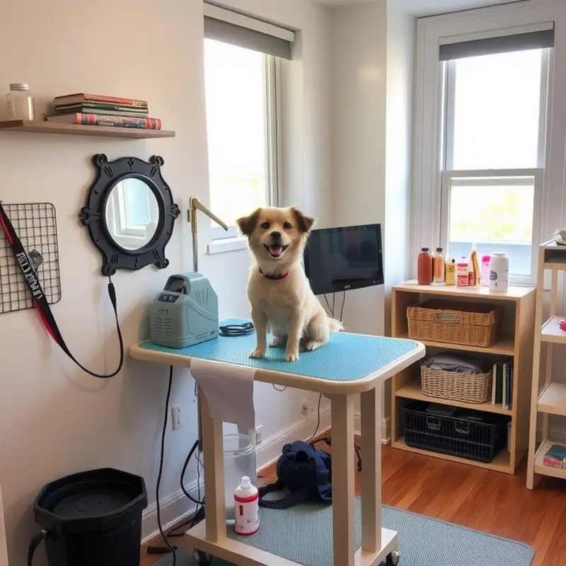 A dedicated grooming space showcasing organization and comfort for pets.